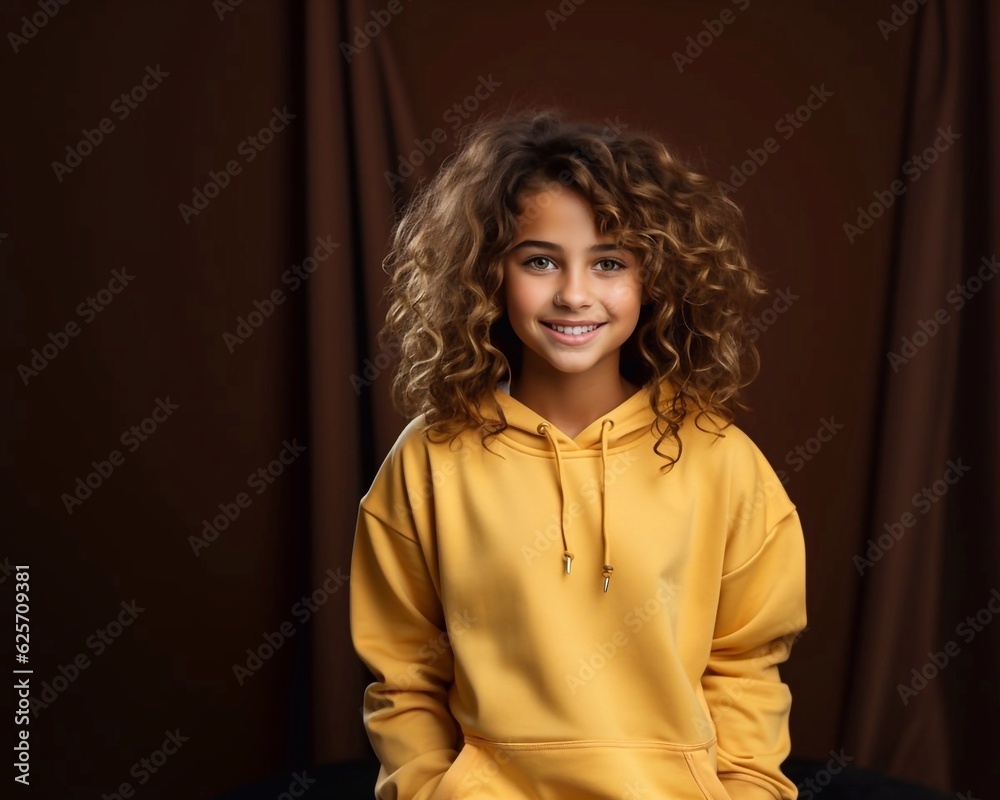 Young girl wearing yellow sweatshirt mockup, at dark background. Print presentation mock-up. AI generation Young girl wearing yellow sweatshirt mockup, at dark background. Print presentation mock-up. AI generation