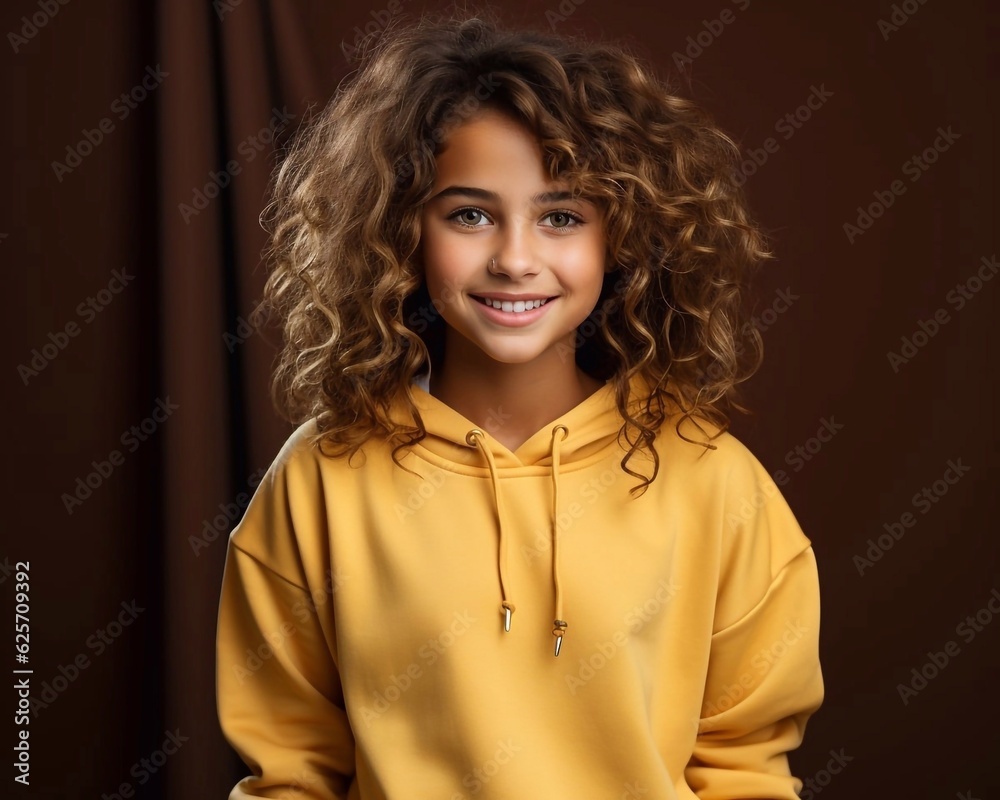 Young girl wearing yellow sweatshirt mockup, at brown background. Print presentation mock-up. AI generation Young girl wearing yellow sweatshirt mockup, at brown background. Print presentation mock-up. AI generation