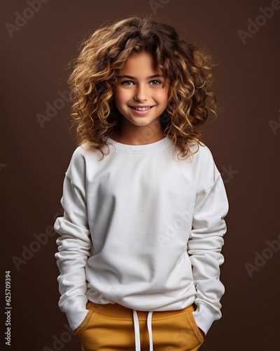 Young girl wearing white sweatshirt mockup, at brown background. Print presentation mock-up. AI generation