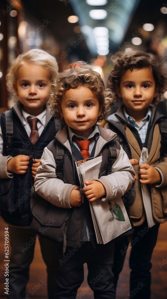 Fototapeta premium Portrait of schoolchildren in outerwear walking on the street. Schooltime with ai generative