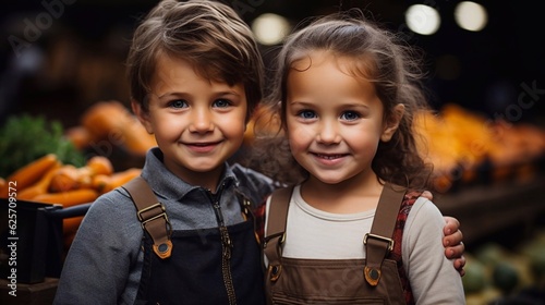 Kids in country style clothes on autumn farm market background with season wegetables. AI generated. Happy kids portrait