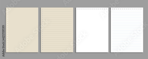 Realistic lined notepapers. Blank gridded notebook papers for homework and exercises. 