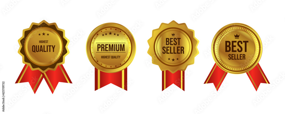 Luxury golden badges set. Collection of awards for winners in competitions. Best price, sale, discount and quality on copy space Luxury golden badges set. Collection of awards for winners in competitions. Best price, sale, discount and quality on copy space