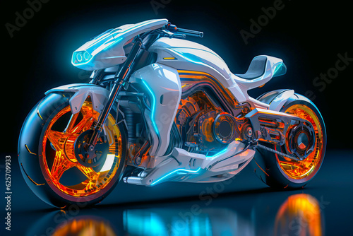 Realistic cyberpunk motorbike in dark mood. Big vehicle bike with cool futuristic design, vivid color scheme. Fictional model. Made with Generative AI