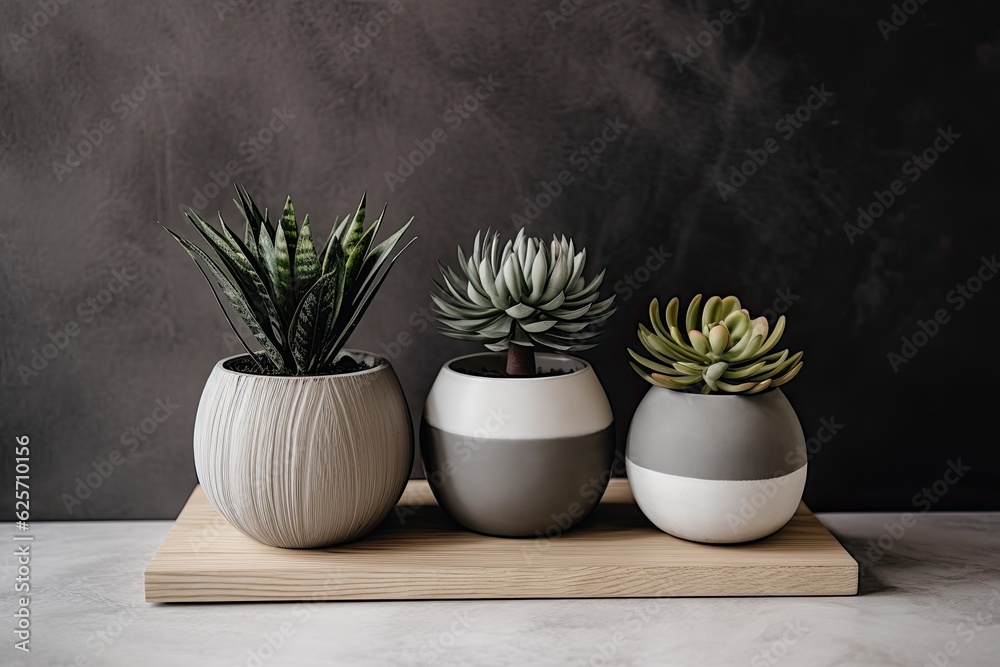 Cacti and succulents in hipster cement pots are arranged on a wooden table in a minimalist house design. walls of gray. A chic and blooming home garden design. Copy space Cacti and succulents in hipster cement pots are arranged on a wooden table in a minimalist house design. walls of gray. A chic and blooming home garden design. Copy space