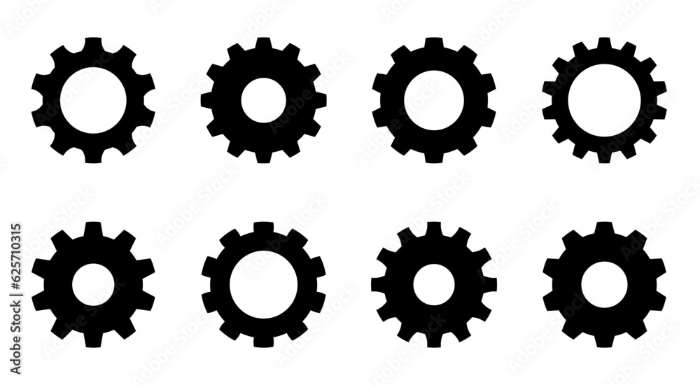 Gear collection. Gear settings icons. Set of black gear wheels Gear collection. Gear settings icons. Set of black gear wheels