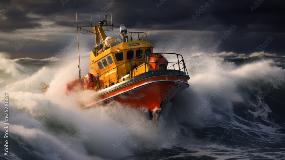 Naklejka premium Orange rescue or coast guard patrol boat industrial vessel in blue sea ocean water. Rescue operation in stormy sea