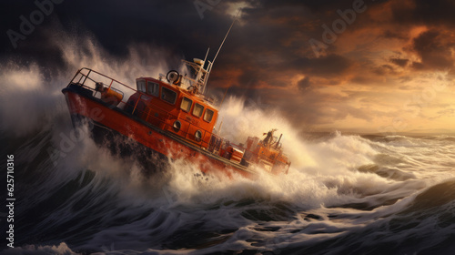Orange rescue or coast guard patrol boat industrial vessel in blue sea ocean water. Rescue operation in stormy sea