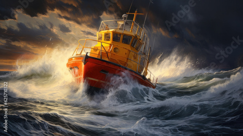 Orange rescue or coast guard patrol boat industrial vessel in blue sea ocean water. Rescue operation in stormy sea photo