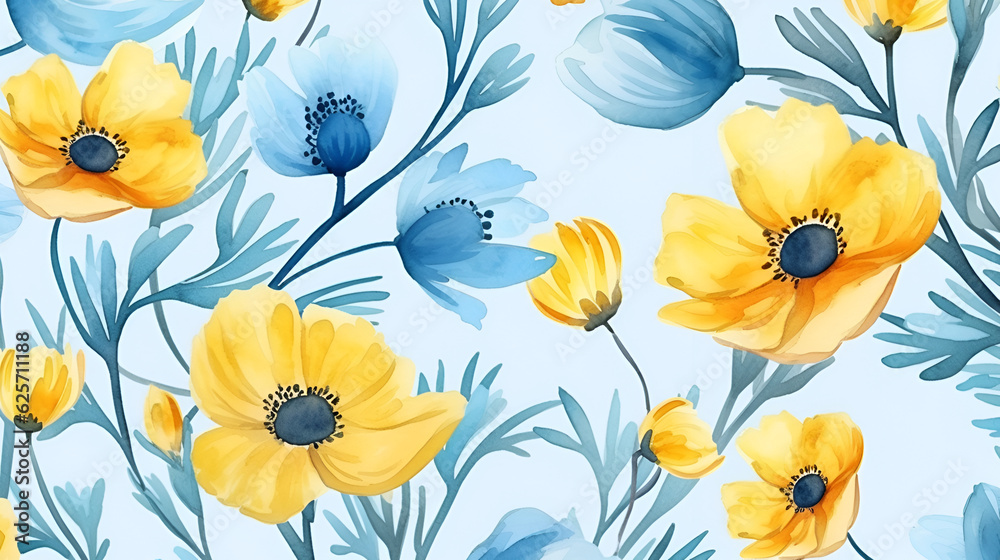 Seamless pattern of abstract painting white and yellow flowers, paint strokes, blue background. Generation AI Seamless pattern of abstract painting white and yellow flowers, paint strokes, blue background. Generation AI