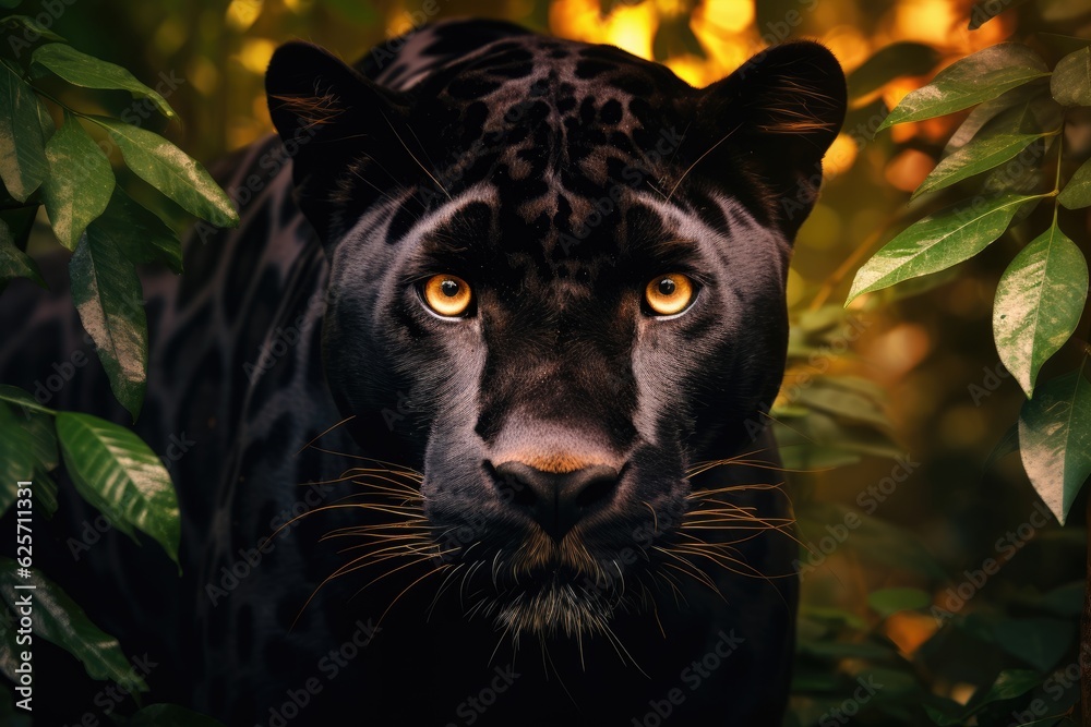 The Powerful Black Jaguar in the tropical Forest.
