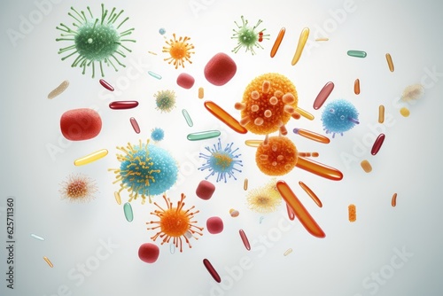 Abstract bacteria, probiotics, gram positive bacteria bacteria and viruses of various shapes against a light background.