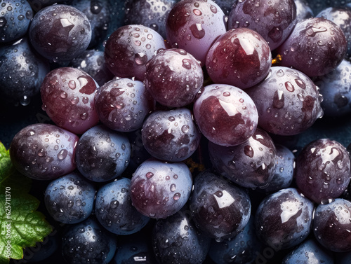 purple grapes with water drops close-up. Ai generated.