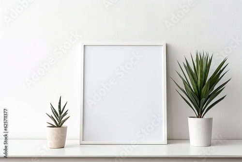 Wallpaper Mural Empty frame mockup in modern minimalist interior with plant in trendy vase on white wall background. Torontodigital.ca