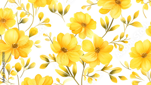 Yellow flowers on a white background. Seamless pattern. Watercolor. Generation AI