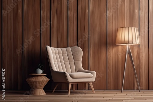 Brown fabric wall with a white modern armchair, console, and stool embellished with wood frame panels is featured in this interior scene and mockup. photo