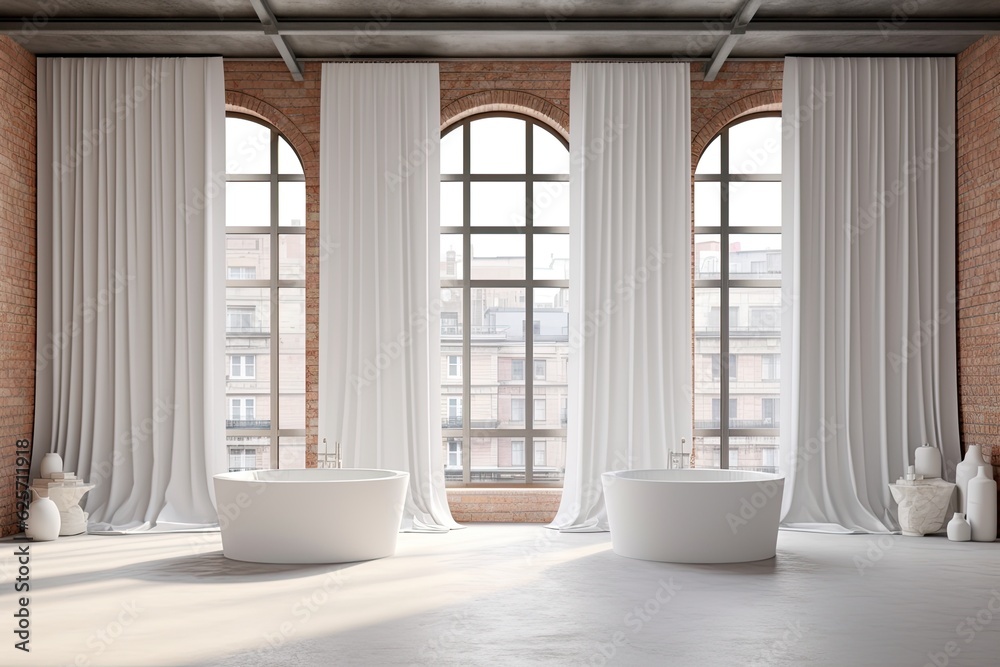 Fototapeta premium Mockup of a white blank canvas in a gray living room with a luxurious bathtub, two sinks, and a bed against a brick wall. studio flat with large windows that is completely empty.