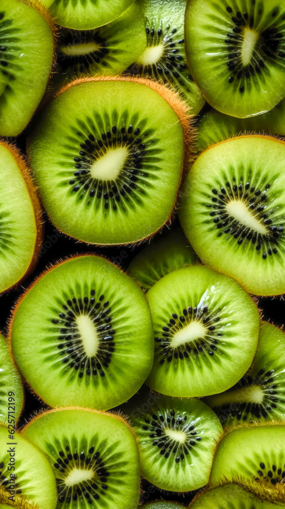 Top view of heap of sliced kiwi as textured background. Ai generated. Top view of heap of sliced kiwi as textured background. Ai generated.