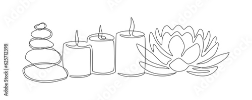 One continuous line drawing of wellness and spa treatment. Candle stones and lotus flower for zen and balance concept in simple linear style. Editable stroke. Doodle contour vector illustration