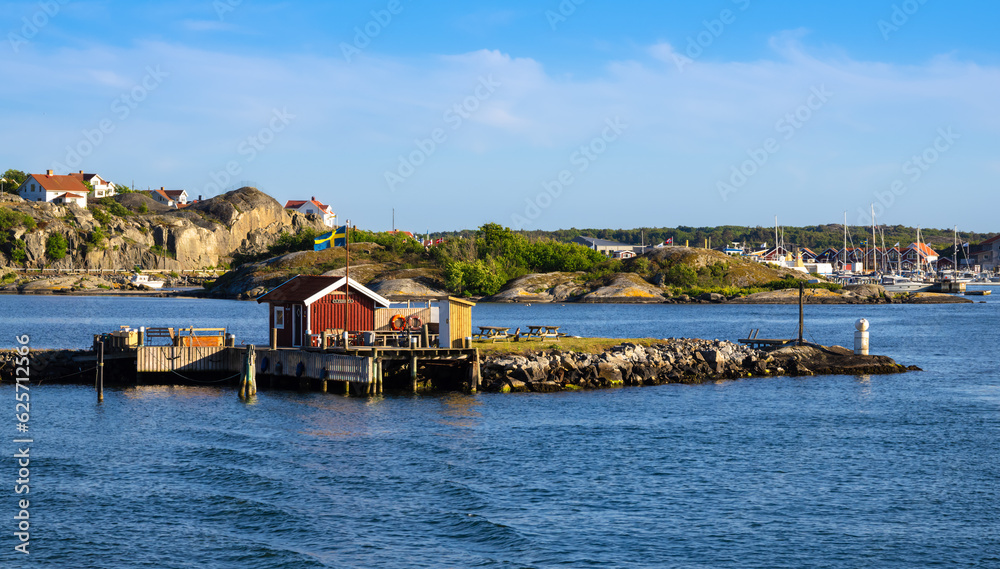 Donso, Sweden - May 31, 2023: A view from the boat at Donso, a fisherman village and island in the Swedish province of Vastra Gotalands lan and the historical province of Vastergotland
