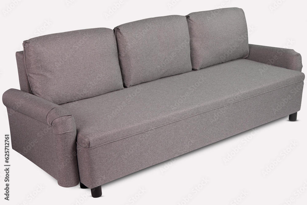 Side view of three seats cozy modern designed sofa with light gray color fabric on black wooden legs isolated on white background