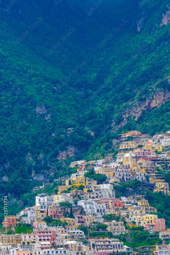 Panoramic view of Positano, Italy along the Amalfi Coast.