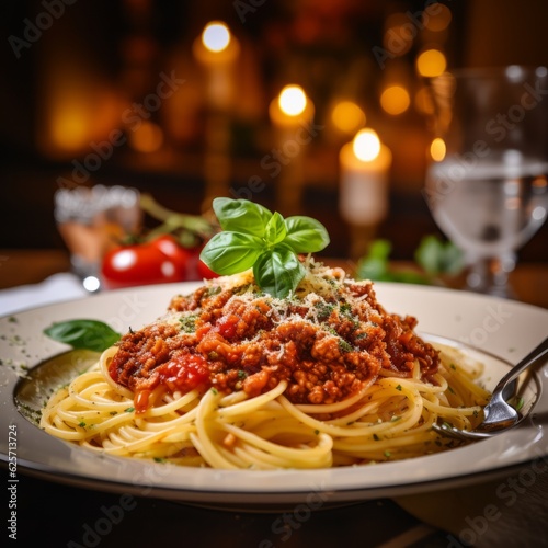 a delicious dish of homemade spaguetti bolognese on a plate on a table in an italian restaurant photo