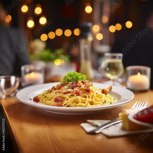 a delicious dish of homemade spaguetti carbonara on a plate on a table in an italian restaurant photo