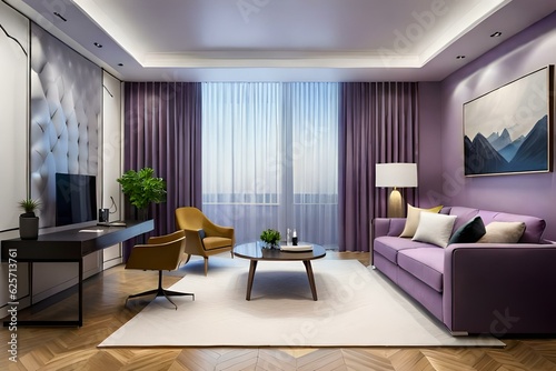 Premium luxury modern room with lilac color interior isolated on lilac background. Side view design interior concept