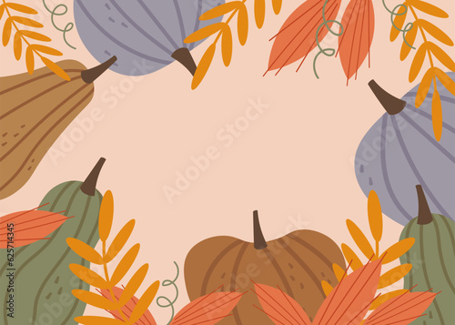 Autumn template with pumpkins and autumn plants vector illustration for banner, greeting card, polygraph, label. Background for Thanksgiving Day, Halloween and autumn holidays. Design element 