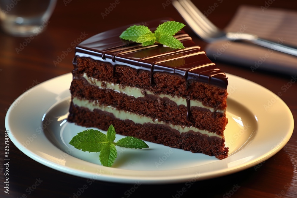 piece of chocolate cake with mint piece of chocolate cake with mint