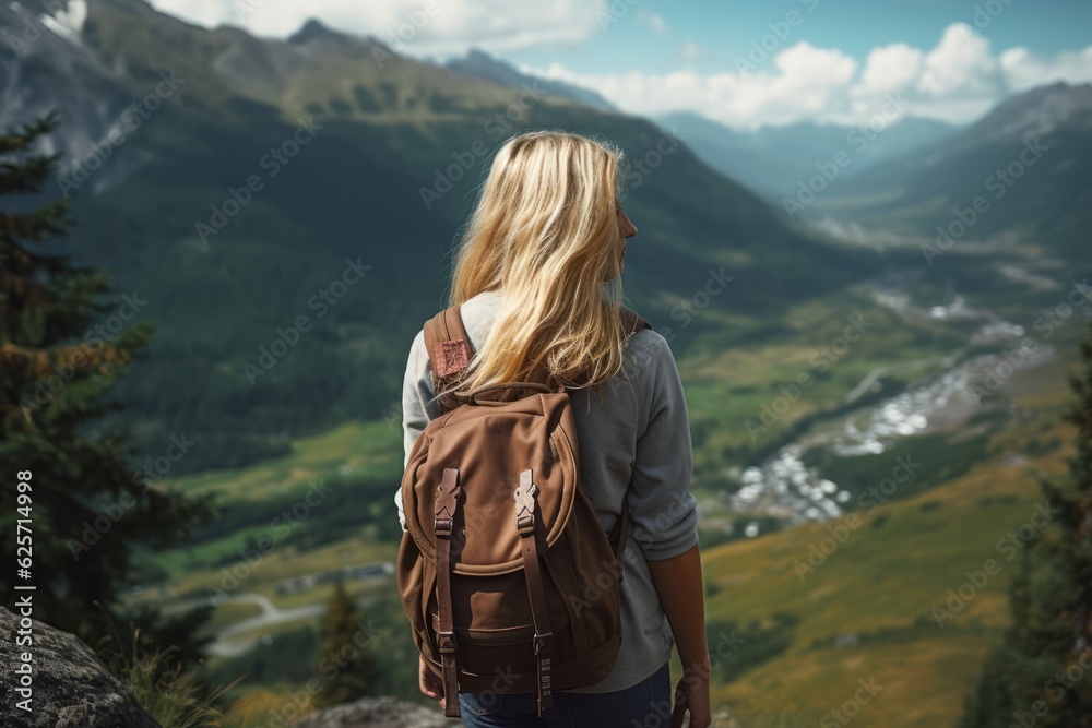 beautiful young woman with a backpack hiking in the mountains  in summer