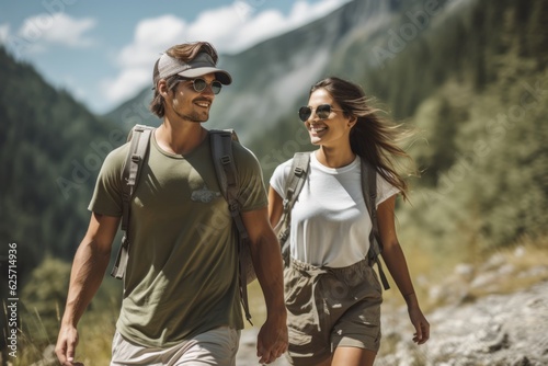 a couple young hiking in the mountains in summer with energetic expression