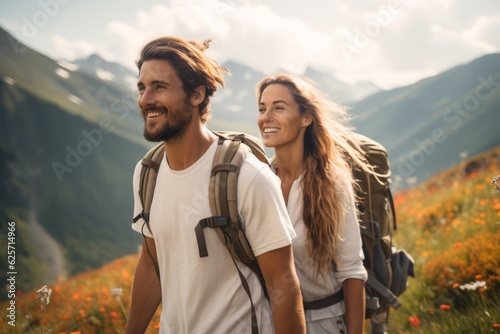 a couple young hiking in the mountains in summer with energetic expression
