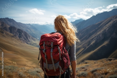 beautiful young woman with a backpack hiking in the mountains looking to the horizon