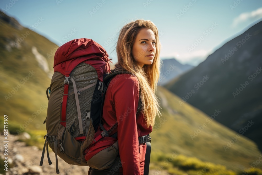 beautiful young woman with a backpack hiking in the mountains  in summer