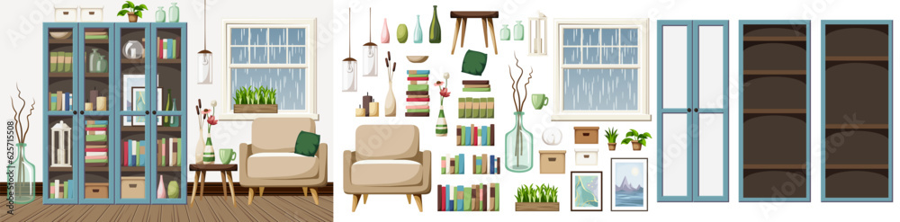 Room interior with blue bookcases, an armchair, and rain outside the window. Scandinavian interior design. Furniture set. Interior constructor. Cartoon vector illustration