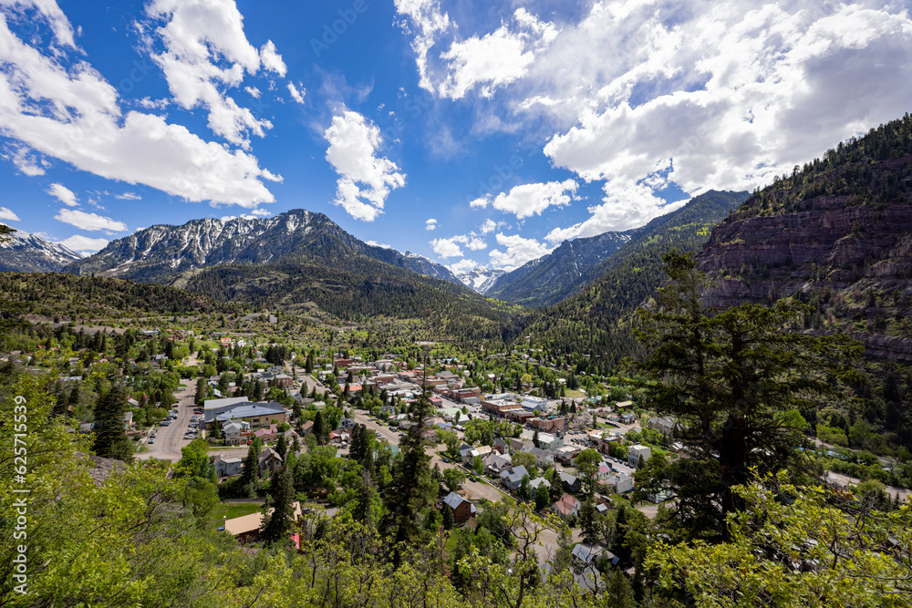Sunny high angle view of the Ouray town