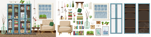 Room interior with blue bookcases, an armchair, and rain outside the window. Scandinavian interior design. Furniture set. Interior constructor. Cartoon vector illustration