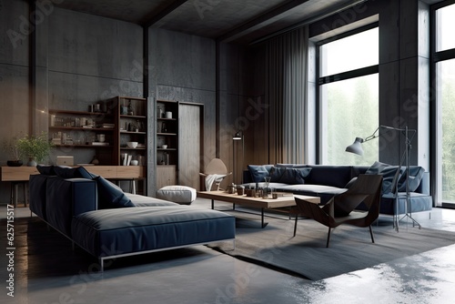 a luxurious, dark-colored living area. Warm lighting, gray walls, and blue and navy chairs for the living room. Space for a piece of art or a photograph. Beautiful interior design. Microcement stucco