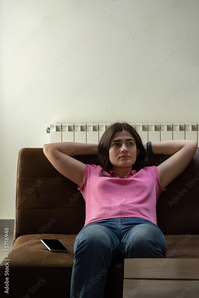 Obraz premium young smiling girl relaxing on the couch at home with focus selective