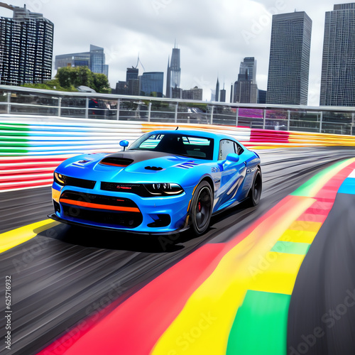  Thrilling blue muscle car races a colorful track at high speed. An electrifying illustration that ignites the senses. Generative AI. 