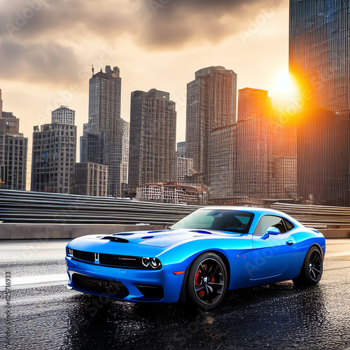 Thrilling blue muscle car races the track at sunset, exuding power and speed. An electrifying illustration that ignites the senses. Generative AI.  © Perspectiveman