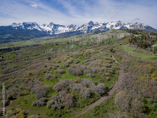 Sunny aerial view of the landscape of Mt Sneffels