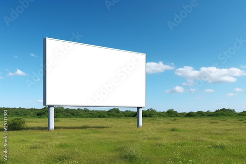 an empty white billboard for your advertising stands in a field near the road. blank advertising billboard mockup in agricultural field. blue sky background. Generative AI