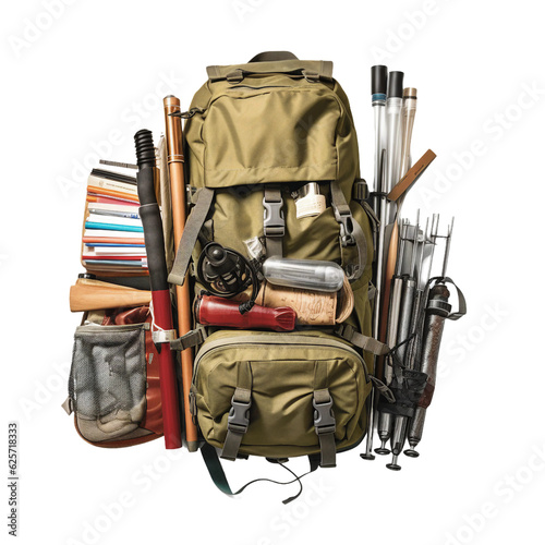 Outdoor essentials in a hiking backpack. isolated object, transparent background photo