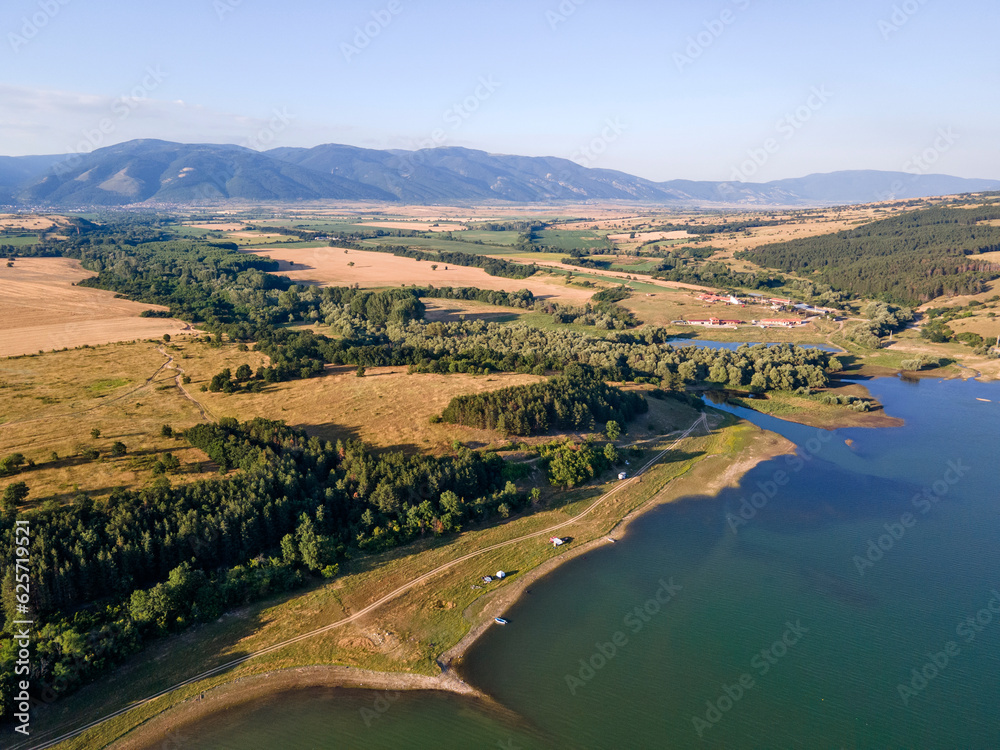 Obraz premium Aerial Sunset view of Zhrebchevo Reservoir, Bulgaria
