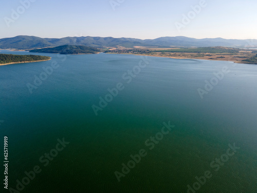 Aerial Sunset view of Zhrebchevo Reservoir, Bulgaria