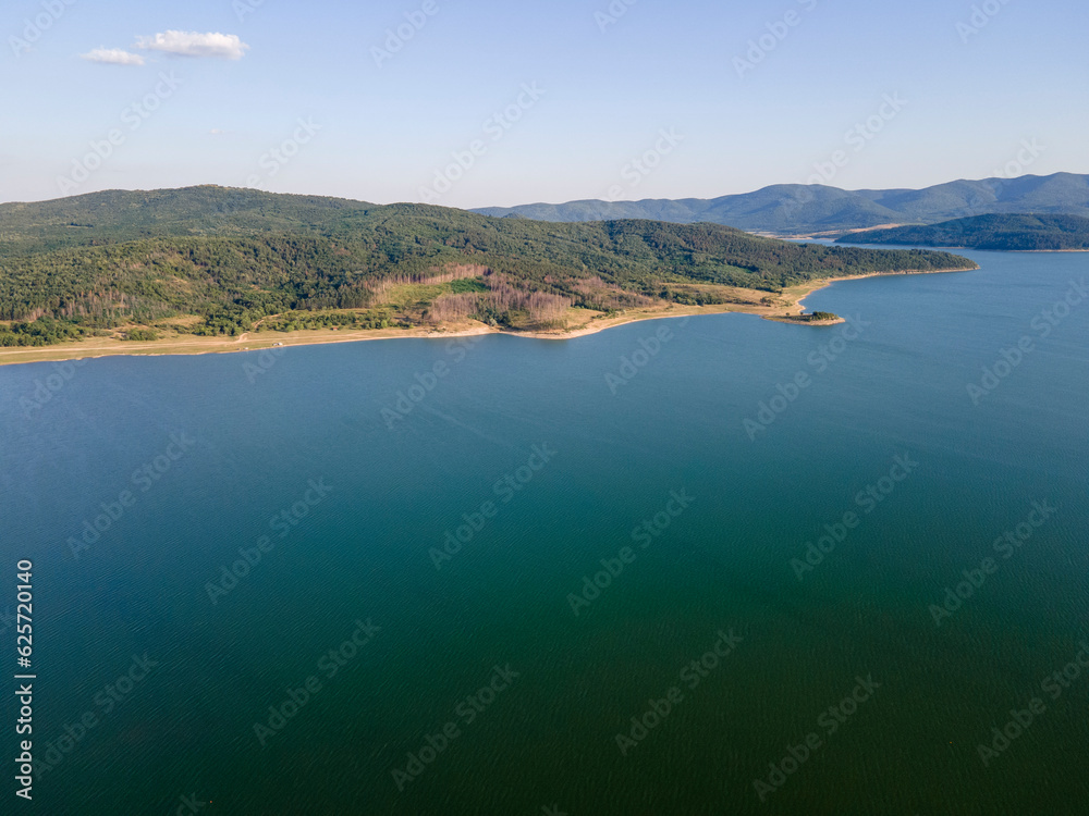 Aerial Sunset view of  Zhrebchevo Reservoir, Bulgaria