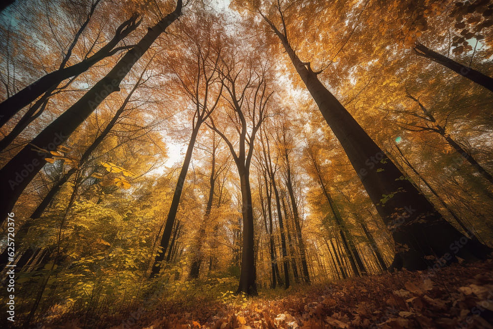 Wide angle autumnal forest landscape background. Generative AI